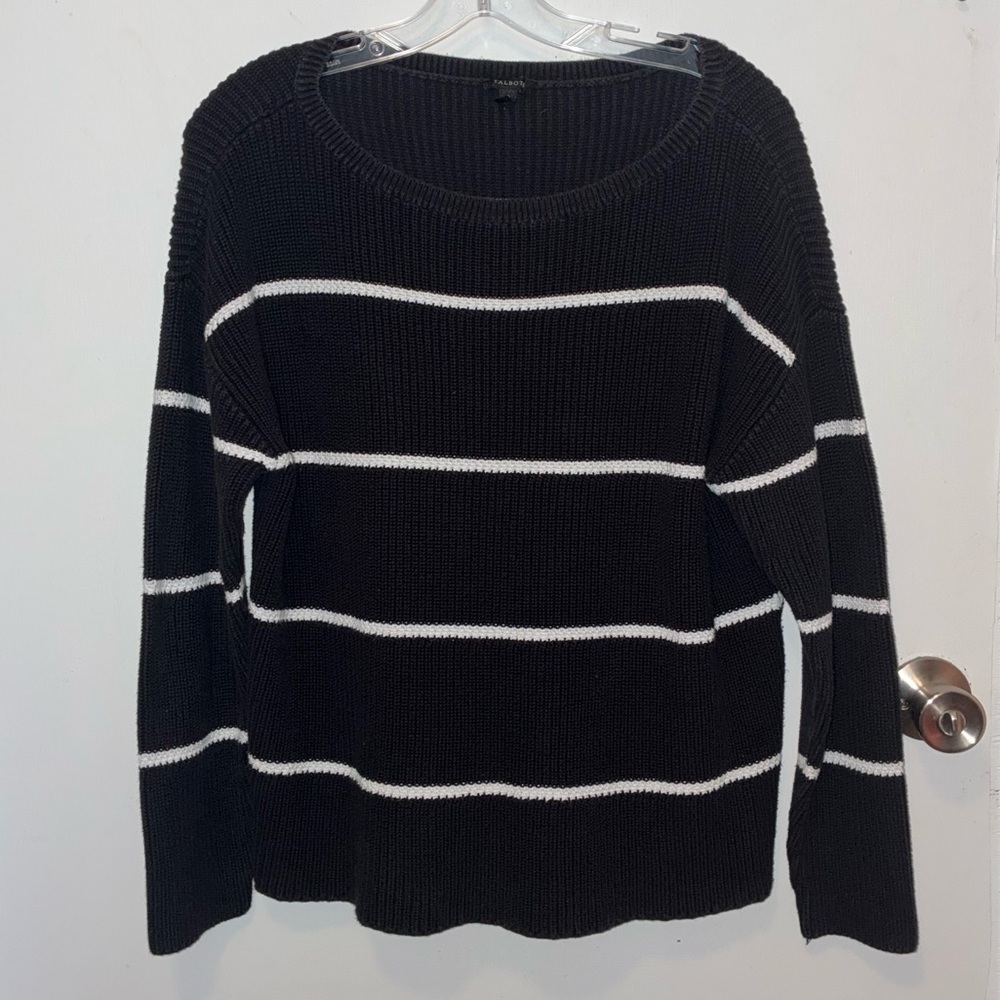 TALBOTS Women's Black and White Striped Pima Cotton Shaker Sweater | Large